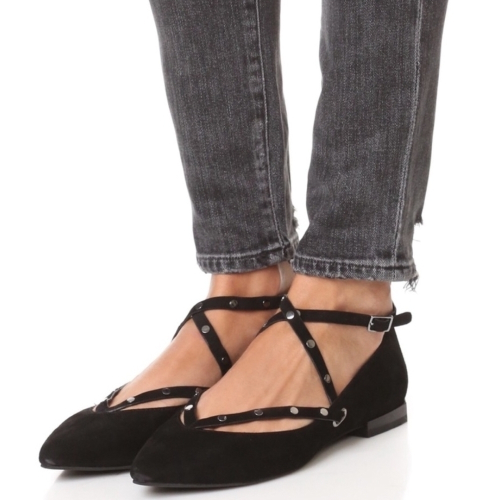 Rebecca Minkoff Black Suede Studded Crisscross Flats with Ankle Strap